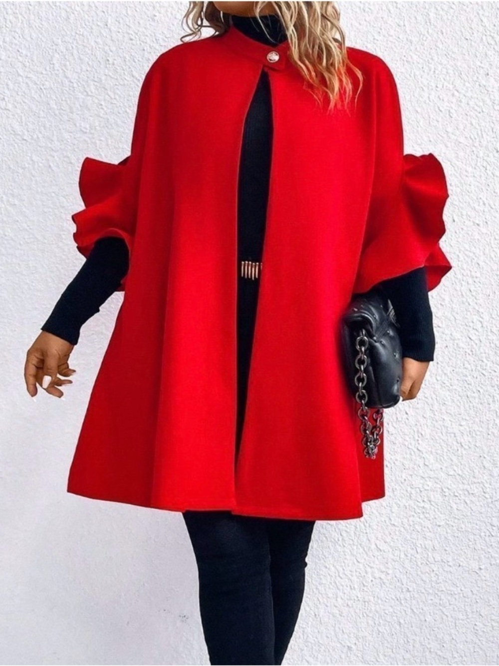 Red Preppy Womens Plus Ruffle Trim Batwing Sleeve Overcoat